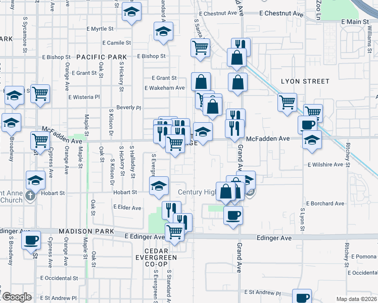 map of restaurants, bars, coffee shops, grocery stores, and more near 1250 East McFadden Avenue in Santa Ana