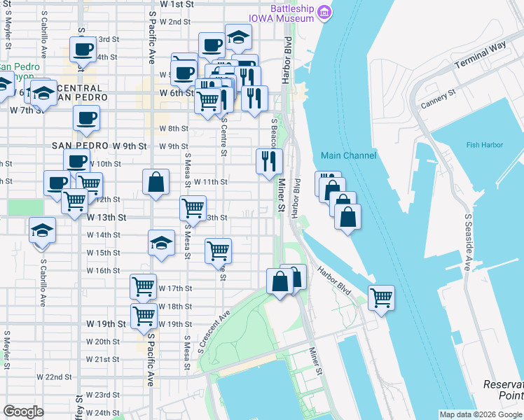 map of restaurants, bars, coffee shops, grocery stores, and more near 1144 South Palos Verdes Street in Los Angeles