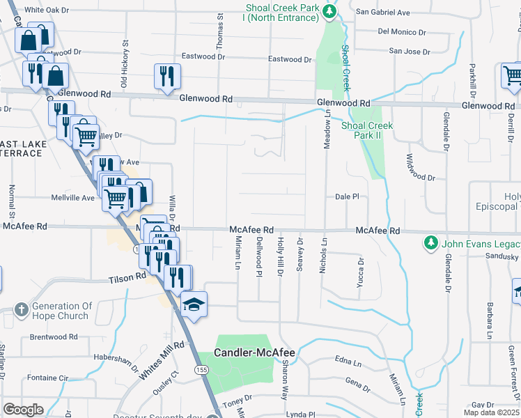 map of restaurants, bars, coffee shops, grocery stores, and more near 2819 Long Way in Decatur