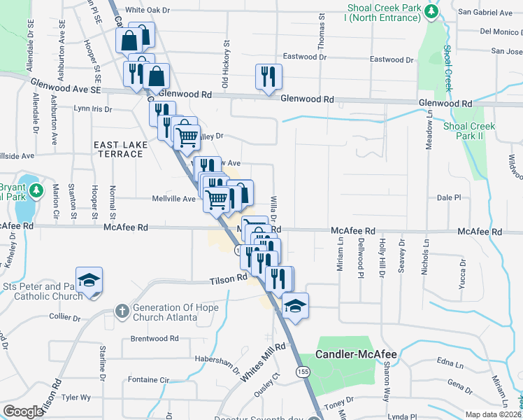 map of restaurants, bars, coffee shops, grocery stores, and more near in Candler-McAfee