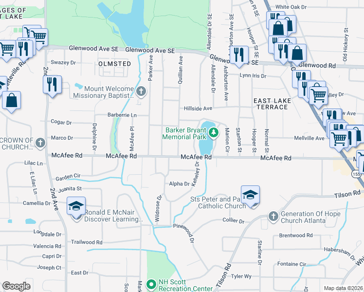 map of restaurants, bars, coffee shops, grocery stores, and more near 1979 West Lakeside Drive in Decatur