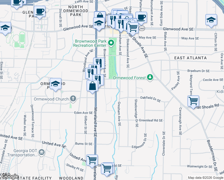 map of restaurants, bars, coffee shops, grocery stores, and more near 1239 Gracewood Avenue Southeast in Atlanta