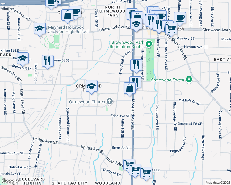 map of restaurants, bars, coffee shops, grocery stores, and more near 791 Woodland Avenue Southeast in Atlanta