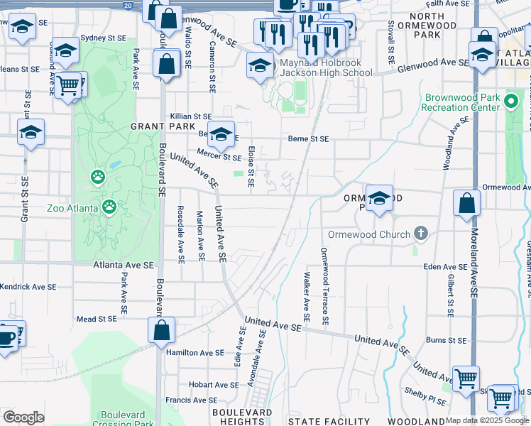 map of restaurants, bars, coffee shops, grocery stores, and more near 779 Lynwood Street Southeast in Atlanta