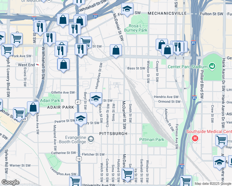 map of restaurants, bars, coffee shops, grocery stores, and more near 771 Coleman Street Southwest in Atlanta
