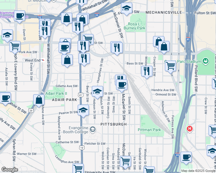 map of restaurants, bars, coffee shops, grocery stores, and more near 771 Coleman Street Southwest in Atlanta
