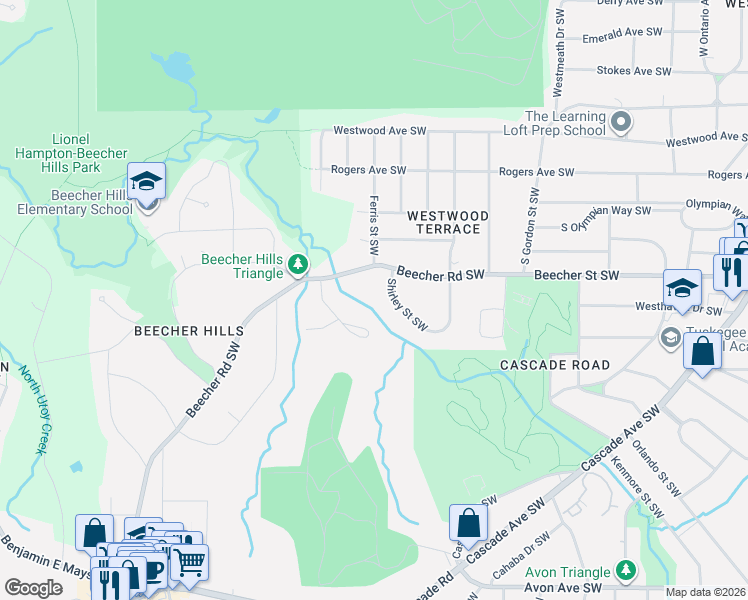 map of restaurants, bars, coffee shops, grocery stores, and more near 2028 Beecher Road Southwest in Atlanta