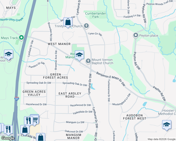 map of restaurants, bars, coffee shops, grocery stores, and more near 815 Lynhurst Drive Southwest in Atlanta