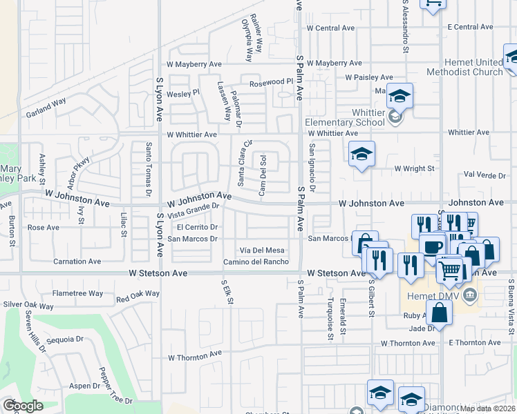 map of restaurants, bars, coffee shops, grocery stores, and more near 1111 West Johnston Avenue in Hemet