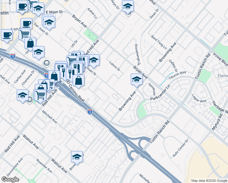 map of restaurants, bars, coffee shops, grocery stores, and more near 1852 San Juan Street in Tustin
