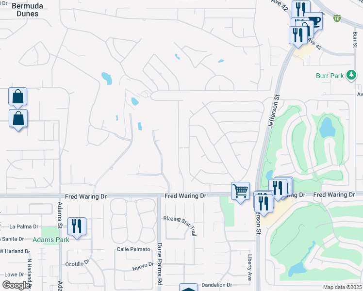 map of restaurants, bars, coffee shops, grocery stores, and more near 43400 Port Maria Road in Bermuda Dunes