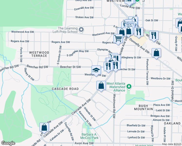 map of restaurants, bars, coffee shops, grocery stores, and more near 1643 Westhaven Drive Southwest in Atlanta