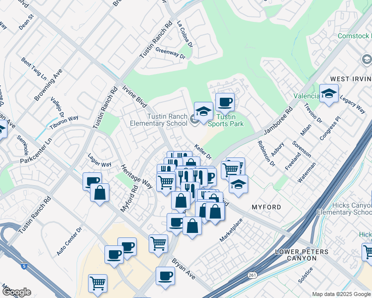 map of restaurants, bars, coffee shops, grocery stores, and more near 21 Masters in Tustin