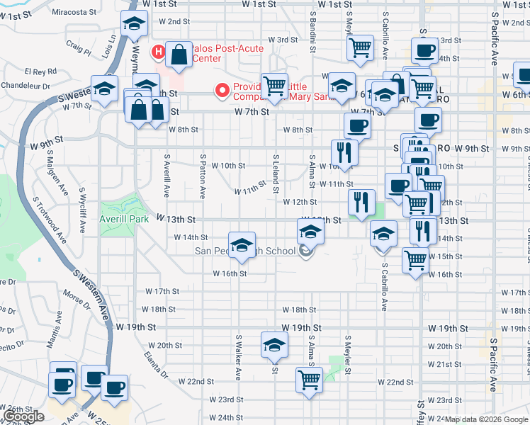 map of restaurants, bars, coffee shops, grocery stores, and more near 1147 South Leland Street in Los Angeles