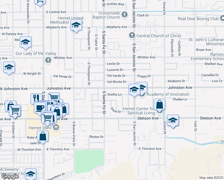 map of restaurants, bars, coffee shops, grocery stores, and more near 997 Johnston Avenue in Hemet
