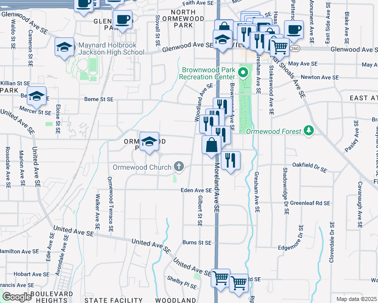 map of restaurants, bars, coffee shops, grocery stores, and more near 791 Woodland Avenue Southeast in Atlanta