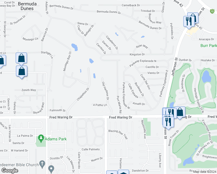 map of restaurants, bars, coffee shops, grocery stores, and more near 43490 Bath Point Court in Bermuda Dunes