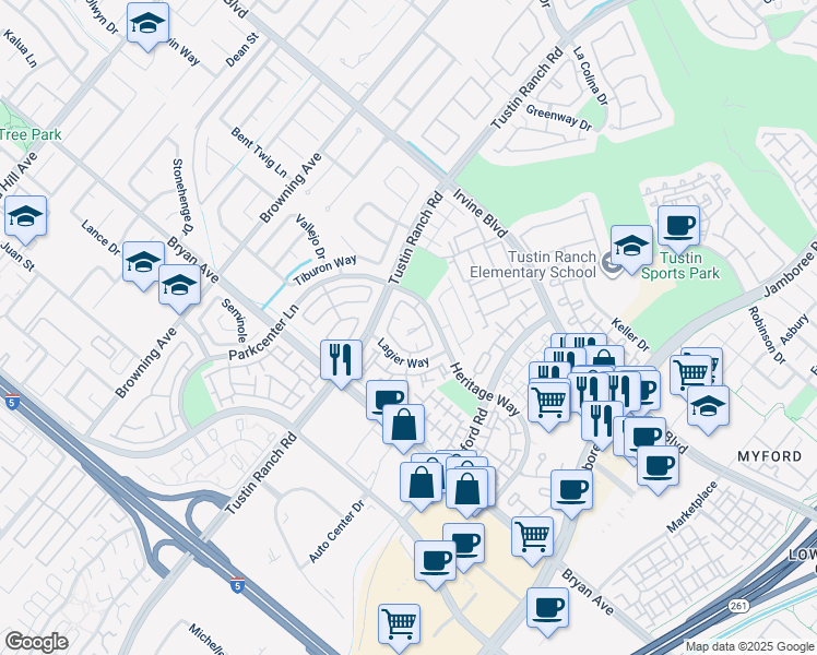 map of restaurants, bars, coffee shops, grocery stores, and more near 2342 Paseo Circulo in Tustin
