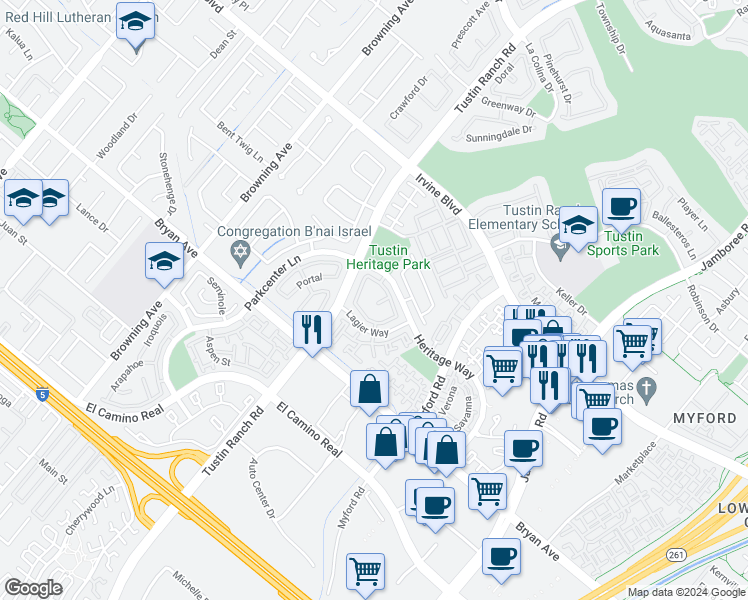 map of restaurants, bars, coffee shops, grocery stores, and more near 2342 Paseo Circulo in Tustin