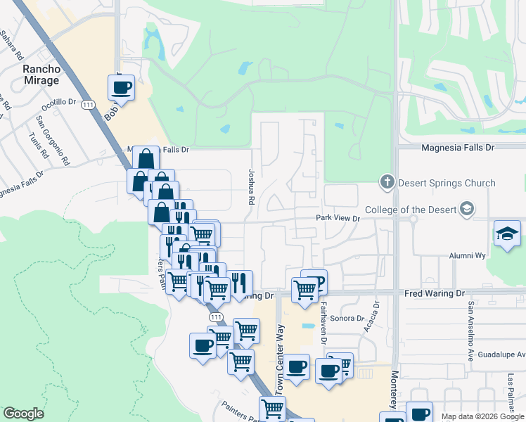 map of restaurants, bars, coffee shops, grocery stores, and more near 43297 Joshua Road in Rancho Mirage
