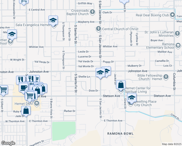 map of restaurants, bars, coffee shops, grocery stores, and more near 1153 Johnston Avenue in Hemet