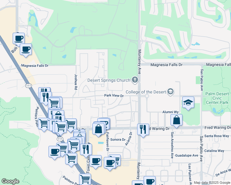 map of restaurants, bars, coffee shops, grocery stores, and more near 72767 Fleetwood Circle in Palm Desert