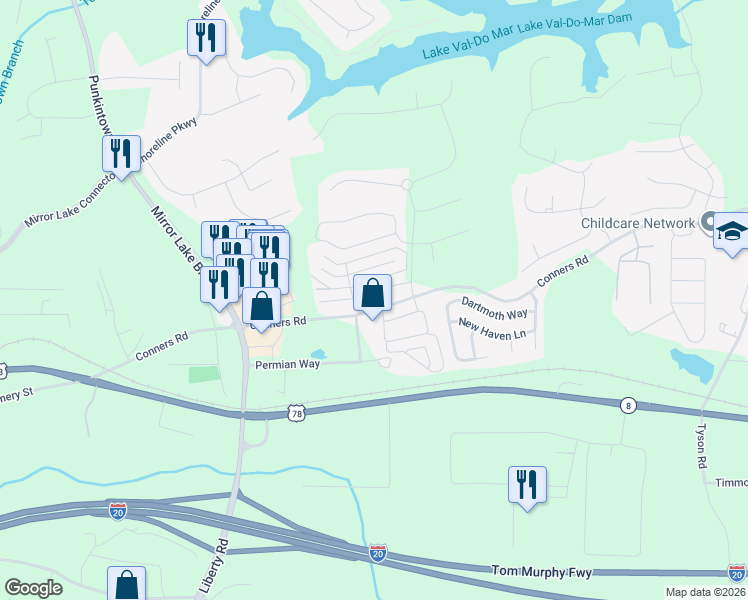 map of restaurants, bars, coffee shops, grocery stores, and more near 2761 Nautical Way in Villa Rica