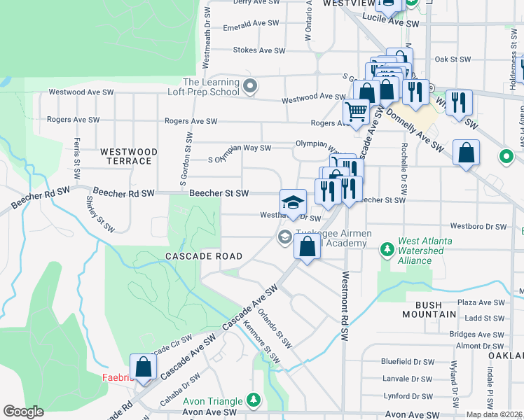 map of restaurants, bars, coffee shops, grocery stores, and more near 1674 Beecher Street Southwest in Atlanta