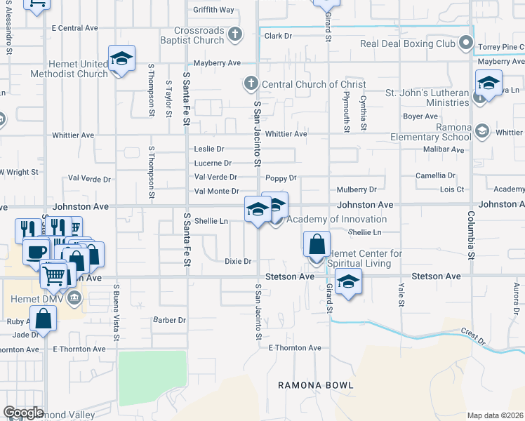 map of restaurants, bars, coffee shops, grocery stores, and more near 26740 San Jacinto Street in Hemet