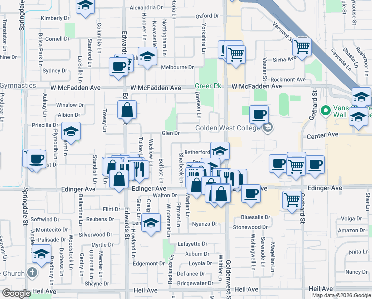 map of restaurants, bars, coffee shops, grocery stores, and more near 6781 Retherford Drive in Huntington Beach