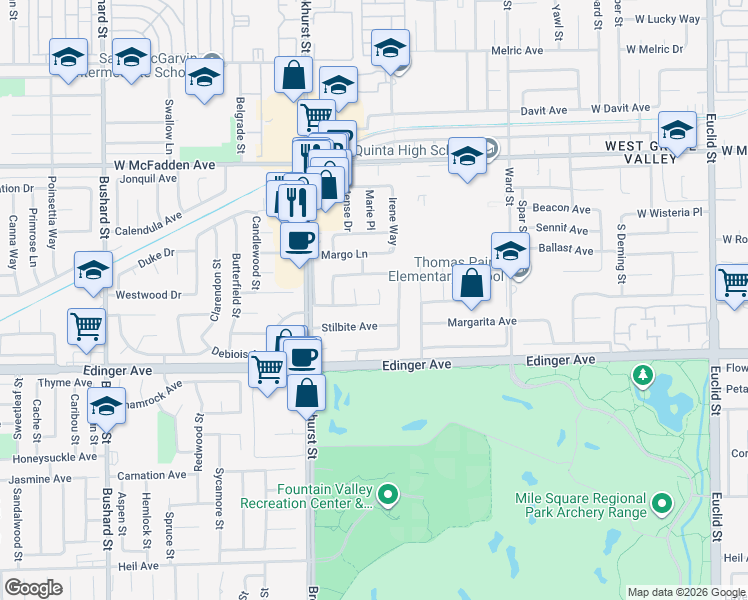 map of restaurants, bars, coffee shops, grocery stores, and more near 10122 Northampton Avenue in Westminster