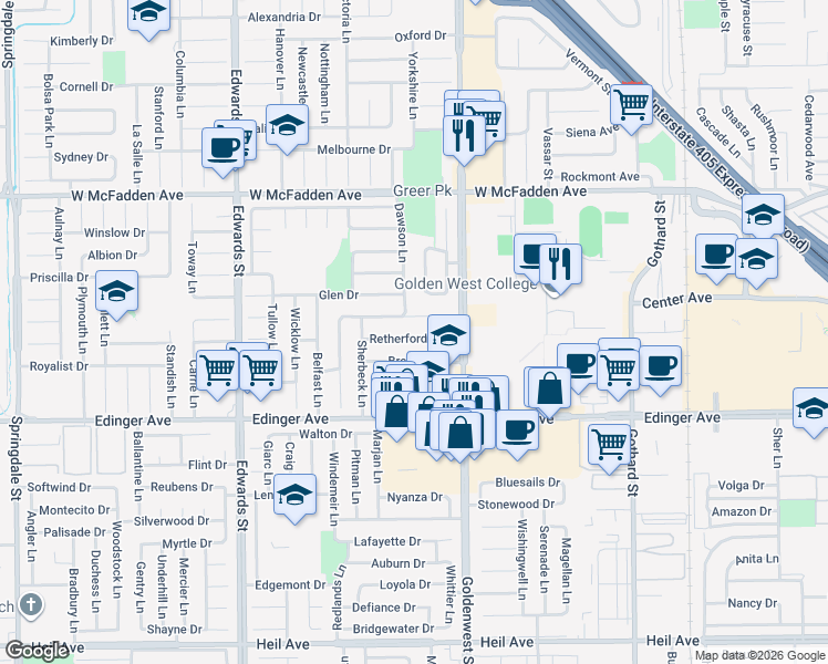 map of restaurants, bars, coffee shops, grocery stores, and more near 6901 Shannon Drive in Huntington Beach