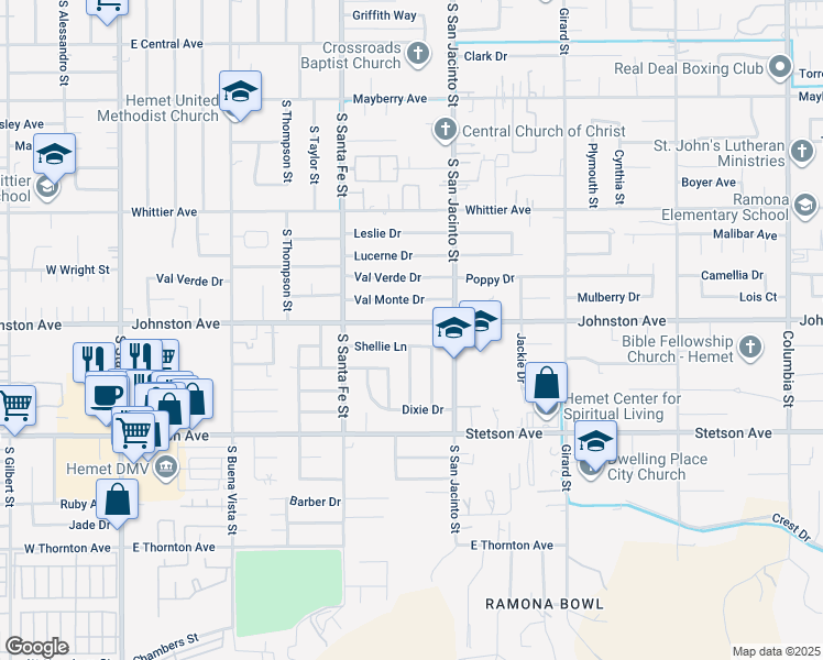 map of restaurants, bars, coffee shops, grocery stores, and more near 1153 Johnston Avenue in Hemet