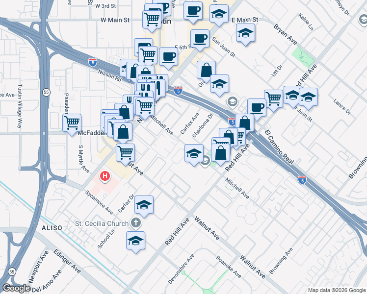 map of restaurants, bars, coffee shops, grocery stores, and more near 14232 Carfax Avenue in Tustin