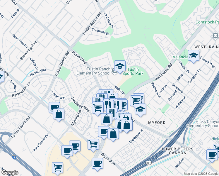 map of restaurants, bars, coffee shops, grocery stores, and more near 2800 Keller Drive in Tustin