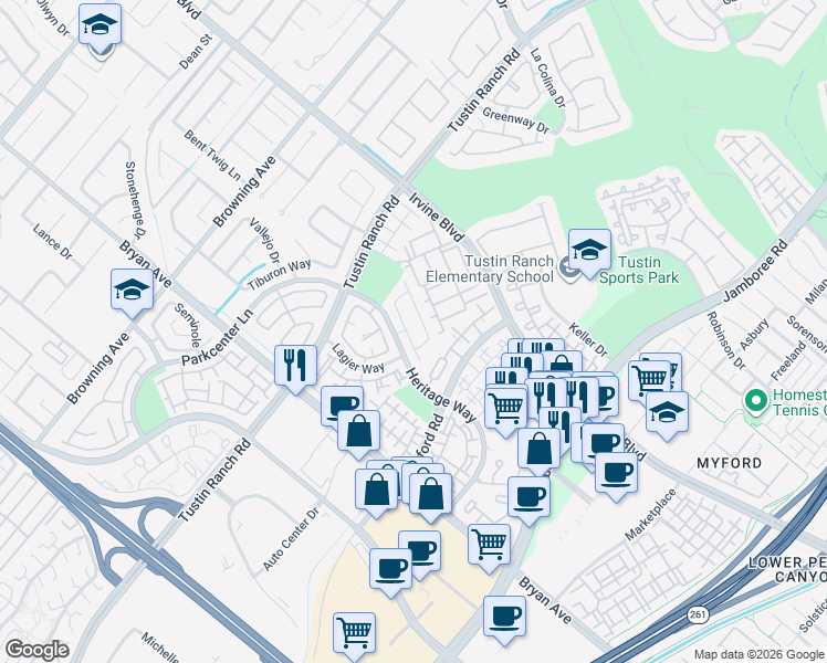 map of restaurants, bars, coffee shops, grocery stores, and more near 2521 San Saba Street in Tustin