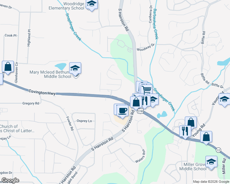 map of restaurants, bars, coffee shops, grocery stores, and more near 2090 Manhattan Parkway in Decatur