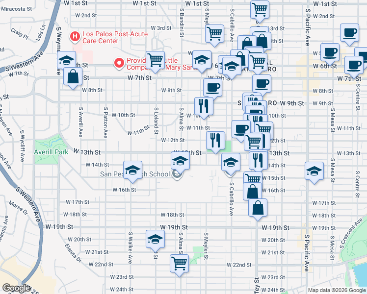 map of restaurants, bars, coffee shops, grocery stores, and more near 1134 South Alma Street in Los Angeles
