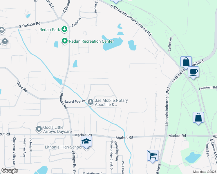 map of restaurants, bars, coffee shops, grocery stores, and more near 6536 Eastbriar Drive in Lithonia