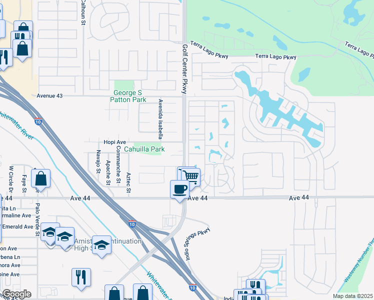 map of restaurants, bars, coffee shops, grocery stores, and more near 84136 Avenue 44 in Indio