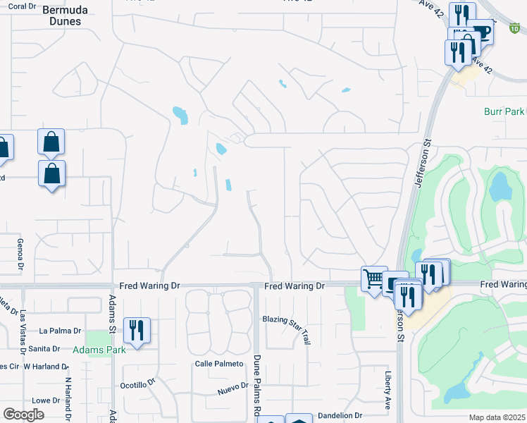 map of restaurants, bars, coffee shops, grocery stores, and more near 43490 Bath Point Court in Bermuda Dunes
