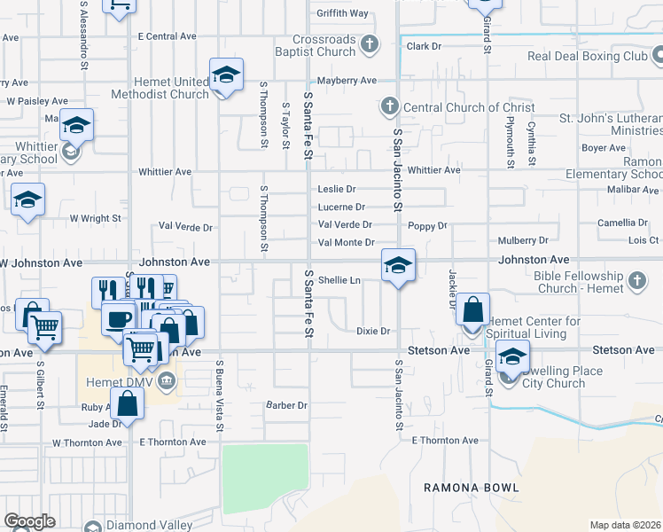 map of restaurants, bars, coffee shops, grocery stores, and more near 997 Johnston Avenue in Hemet