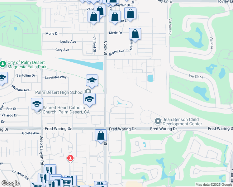 map of restaurants, bars, coffee shops, grocery stores, and more near 43376 Cook Street in Palm Desert