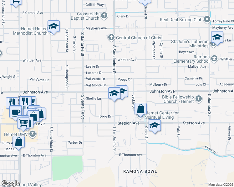 map of restaurants, bars, coffee shops, grocery stores, and more near 26740 San Jacinto Street in Hemet