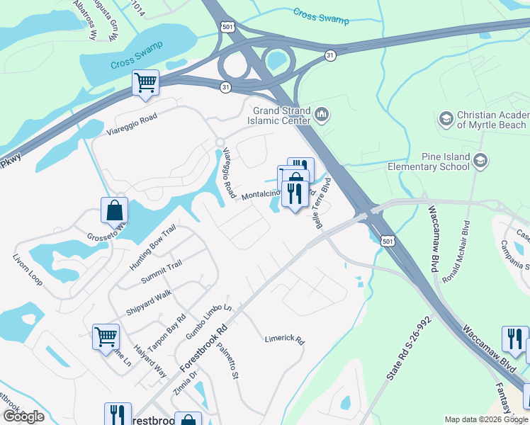 map of restaurants, bars, coffee shops, grocery stores, and more near 5109 Casentino Court in Myrtle Beach