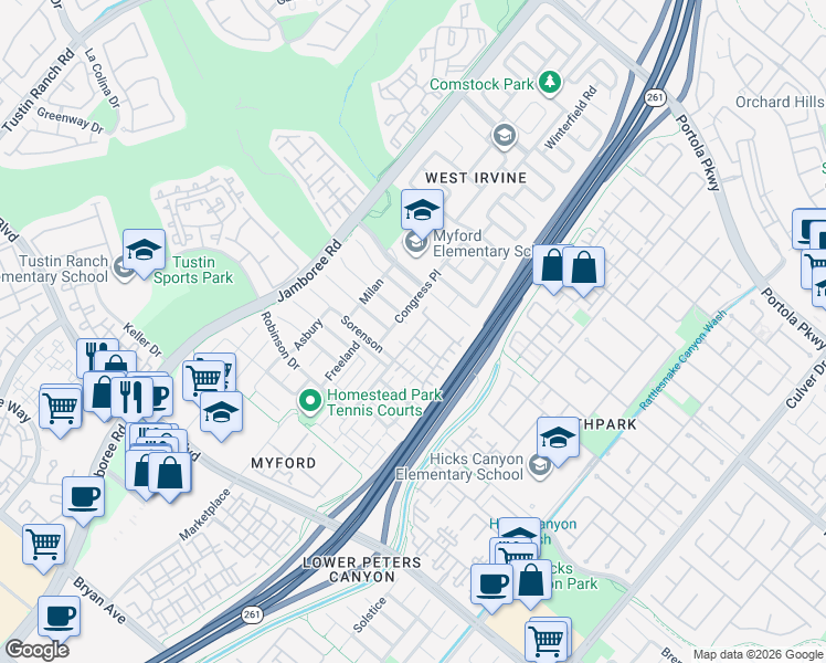 map of restaurants, bars, coffee shops, grocery stores, and more near in Irvine