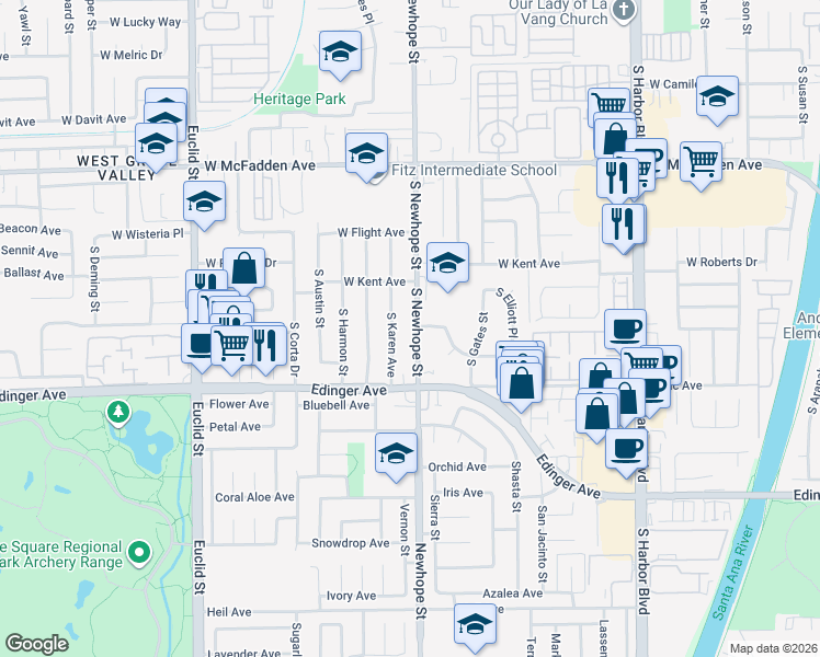 map of restaurants, bars, coffee shops, grocery stores, and more near 4419 West Regent Drive in Santa Ana