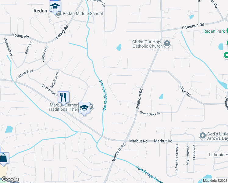 map of restaurants, bars, coffee shops, grocery stores, and more near 5854 Bobbin Lane in Lithonia