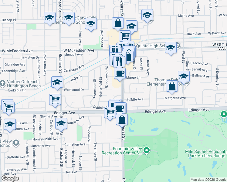 map of restaurants, bars, coffee shops, grocery stores, and more near 9932 Westhaven Circle in Westminster