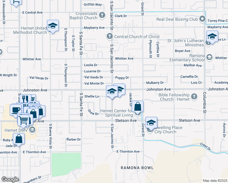 map of restaurants, bars, coffee shops, grocery stores, and more near 40105 Johnston Avenue in Hemet